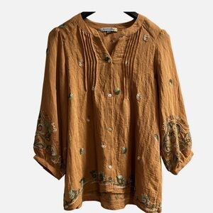 Figueroa & Flower Top M Brown Pleated Button Down Floral Embroidered Boho Hippie